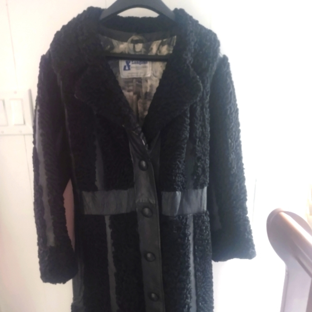Genuine Persian Lamb/Sheep black real fur coat, long, leather stripped